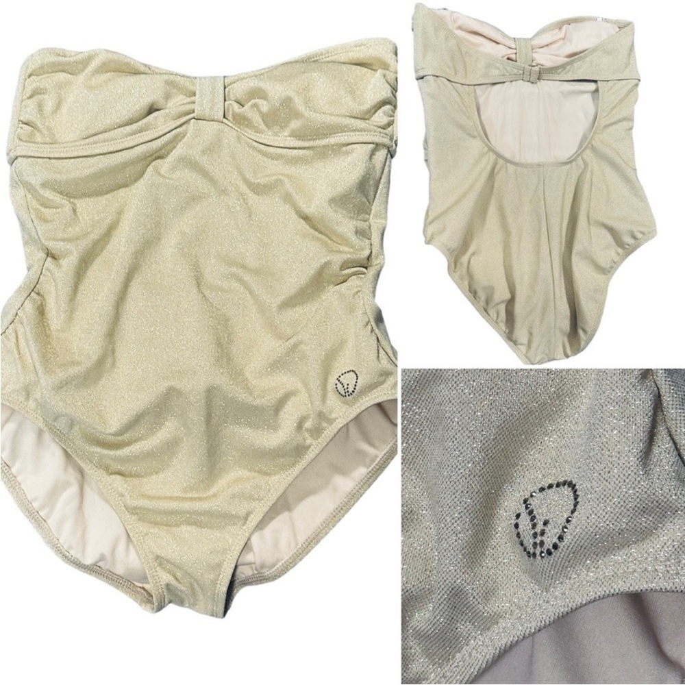St. John’s Swim Goddess Bandeau Strapless one-piece swimsuit gold shimmer Sze 10